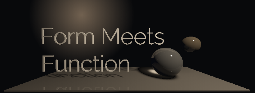 Form Meets Function. Two glass spheres on a dark polished slab under a warm lamp, the headline set in light Raleway.